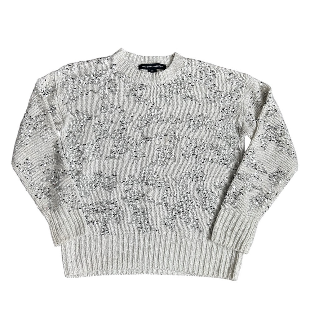 French Connection white and silver sequins holiday sweater size XS-S